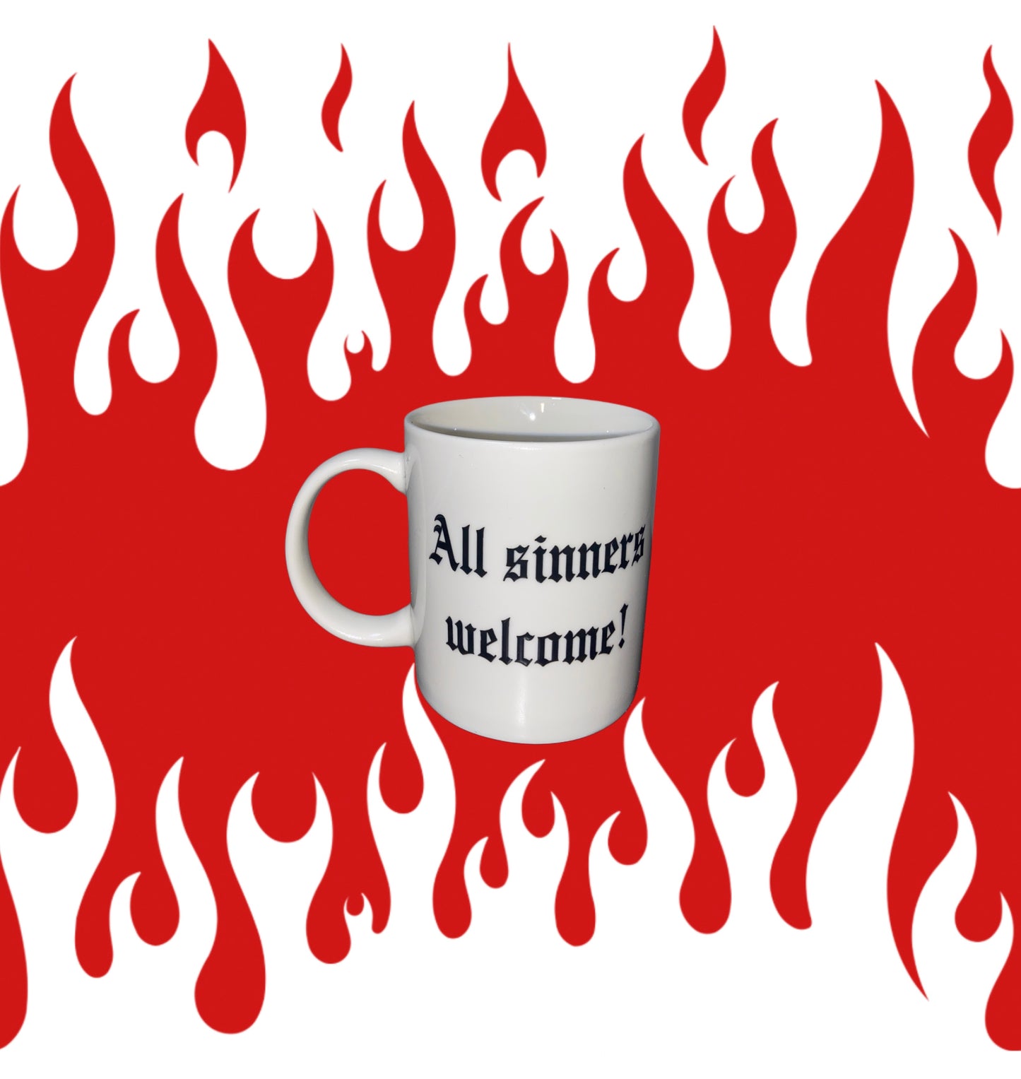 White Skull All Sinners Welcome Coffee Mug