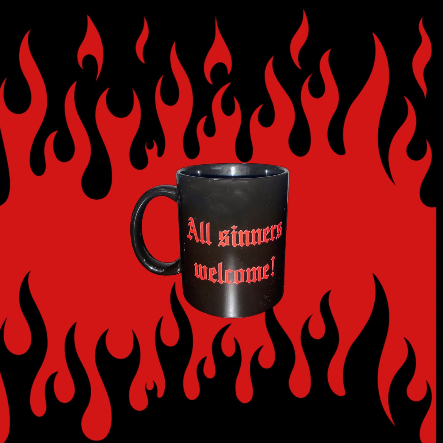 Black Skull All Sinners Welcome Coffee Mug